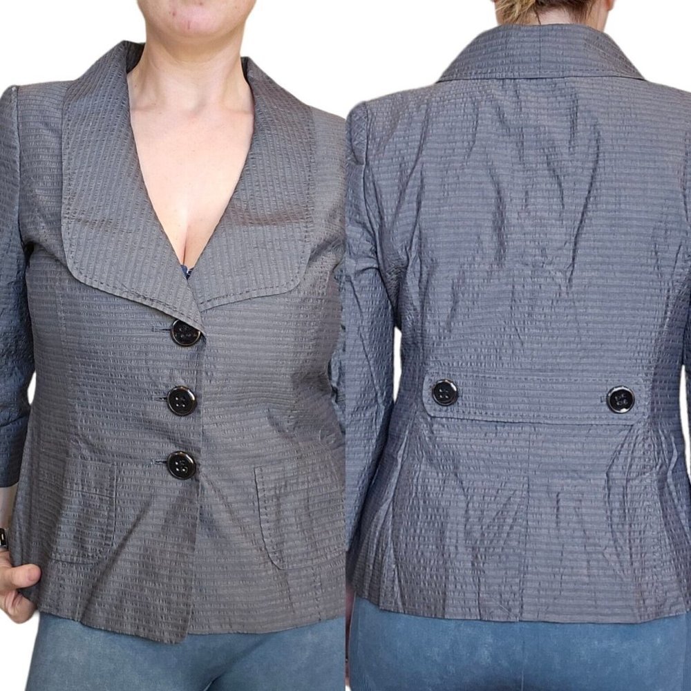 Classiques Entier Medium Gray Textured Stripe Blazer Big Buttons 3/4 Sleeve